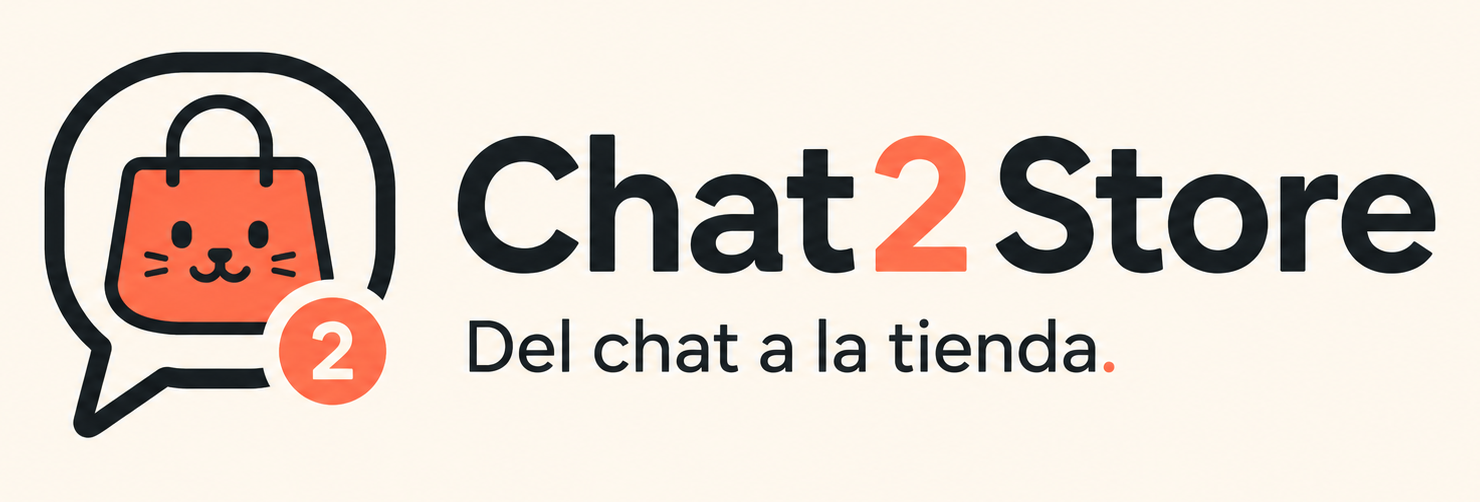 Logo de Chat2Store: una bolsa coral con cara de gato dentro de una burbuja de conversación, junto al claim Del chat a la tienda.